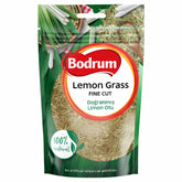 A clear package labeled "Bodrum - Lemon Grass - 50g" contains dried, fine cut lemongrass—ideal for Asian cuisine. From Bodrum, it’s 100% natural with no artificial colors or additives.